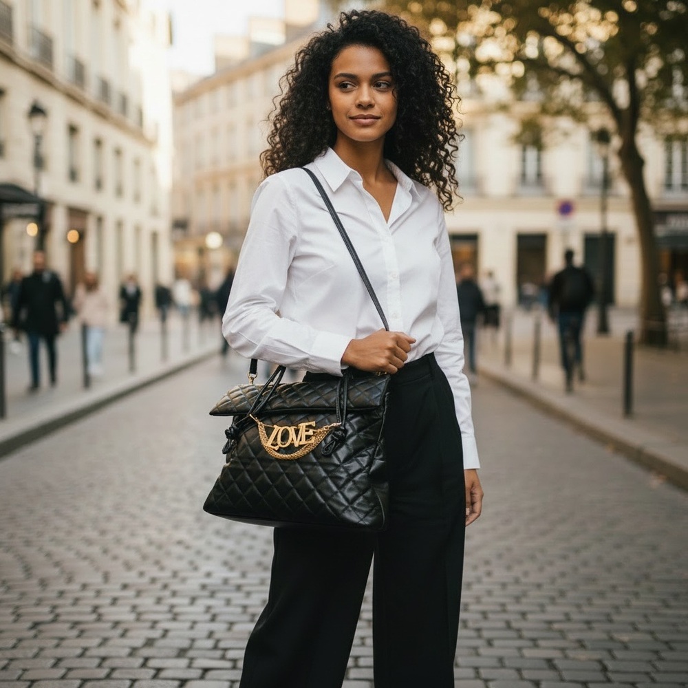 •In My Feelings• Quilted Luxe Black Tote Bag with Gold LOVE Chain Charm - Picture 2 of 3